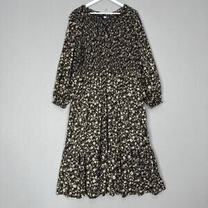 Old Navy Womens Dress 3X Black Ditsy Floral Smocked Tiered Maxi Cottagecore Boho